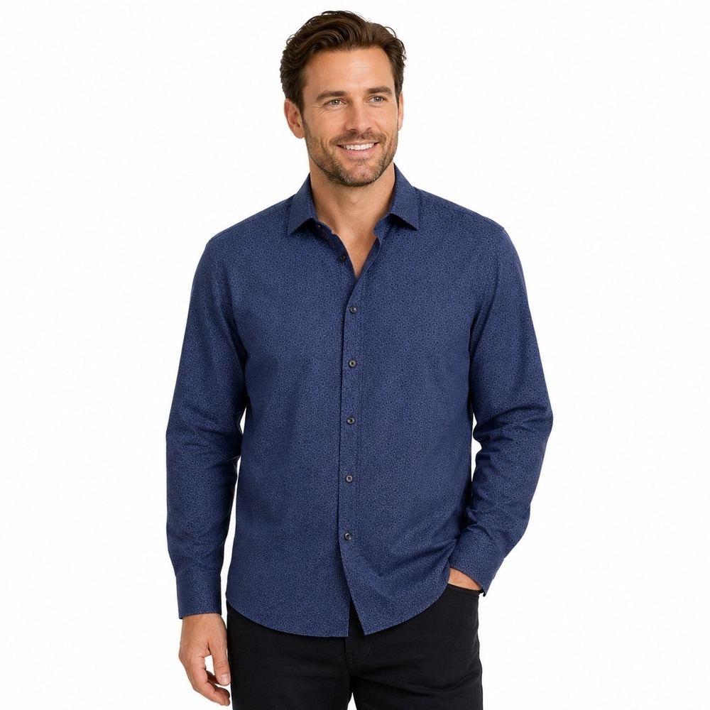 Robert Barakett Men's Navy Blue Geometric‎ Dress Shirt Size L Long Sleeve Cotton